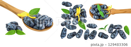 Fresh honeysuckle blue berry isolated on white background. Top view with copy space for your text. . Flat lay. 129483306