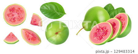 Guava fruit with slices isolated on white background with  full depth of field. Top view. Flat lay 129483314