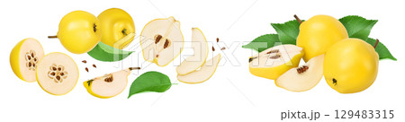 Fresh quince with half and slices isolated on the white background with full depth of field. Top view. Flat lay 129483315