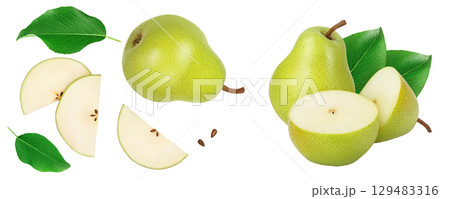 Green pear fruit with slices isolated on white background . Top view. Flat lay Green pear fruit with slices isolated on white background . Top view. Flat lay 129483316