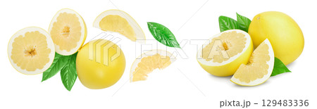 pomelo with slice and leaf isolated on white background with full depth of field. Top view. Flat lay. pomelo with slice and leaf isolated on white background with full depth of field. Top view. Flat lay. 129483336