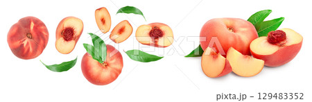 Ripe chinese flat peach fruit and half with leaf isolated on white background with copy space for your text. Top view. Flat lay Ripe chinese flat peach fruit and half with leaf isolated on white background with copy space for your text. Top view. Flat lay 129483352