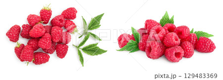 raspberries with leaves isolated on white background. Top view. Flat lay raspberries with leaves isolated on white background. Top view. Flat lay 129483369