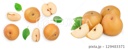 Fresh asian pear with leaves isolated on white background. Top view. 129483371