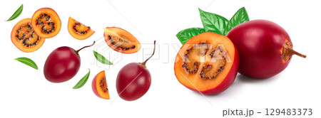 Fresh tamarillo fruit with leaves isolated on white background. Top view. Flat lay 129483373
