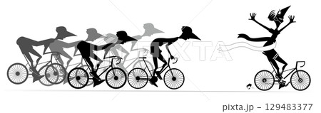 Cycling race. Cyclists in competition. Winner. Cyclist finishing with a winner ribbon. Black and white illustration	 129483377