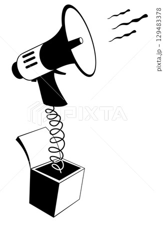 News. Advertisement. Megaphone. Concept. Megaphone on a spring pops out of the box. Black and white illustration News. Advertisement. Megaphone. Concept. Megaphone on a spring pops out of the box. Black and white illustration 129483378