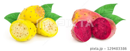 yellow and red prickly pear or opuntia with half isolated on a white background yellow and red prickly pear or opuntia with half isolated on a white background 129483386