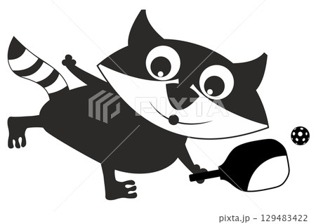 Cute raccoon playing pickleball. Cartoon raccoon plays pickleball. Black and white illustration 129483422