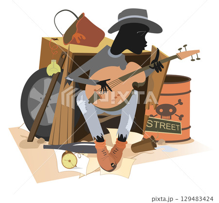 Hungry and chilled homeless plays guitar. Sad African beggar with guitar sits on the disposal dump and sings 129483424