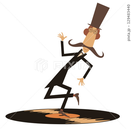 Long play record. Dancing cartoon man in the top hat. Cartoon man in the top dancing on the long play record. White background 129483440