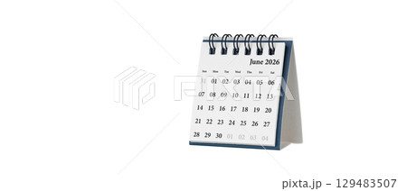 Desktop calendar for June 2026 in white colour. Mini planner for business and finance, spiral view on isolated white background Desktop calendar for June 2026 in white colour. Mini planner for business and finance, spiral view on isolated white background 129483507