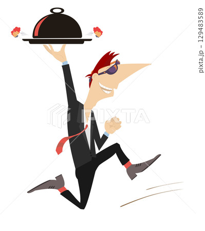 Server carries a cloche serving plate. Cartoon running man holds a tray with a cloche serving plate. Isolated on white background Server carries a cloche serving plate. Cartoon running man holds a tray with a cloche serving plate. Isolated on white background 129483589