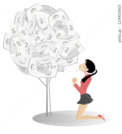 Young woman worshiping money tree. Business woman standing in the kneel worshiping a money tree. Concept illustration	 129483603