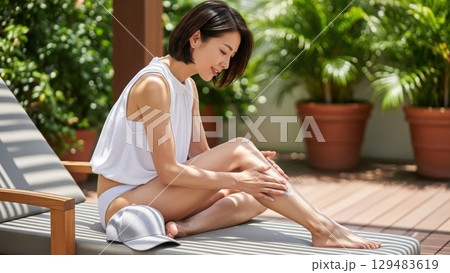 夏のUVケア、屋外でスキンケアをする50代のマダム 129483619