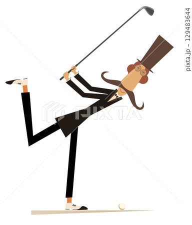 Golfer man on the golf course. Golf course. Long mustache man in the top hat aiming to do a good shot. Isolated on white illustration Golfer man on the golf course. Golf course. Long mustache man in the top hat aiming to do a good shot. Isolated on white illustration 129483644