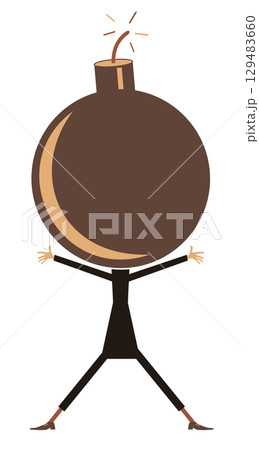 Cartoon bomb, fuse, wick, spark. Concept. Person with a bomb and wick instead head. Isolated on white background Cartoon bomb, fuse, wick, spark. Concept. Person with a bomb and wick instead head. Isolated on white background 129483660