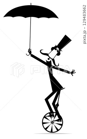 Equilibrist cartoon man in the top hat balances on the unicycle with umbrella. Circus. Cartoon man in the top hat holds an umbrella and balances on unicycle. Black and white illustration Equilibrist cartoon man in the top hat balances on the unicycle with umbrella. Circus. Cartoon man in the top hat holds an umbrella and balances on unicycle. Black and white illustration 129483662
