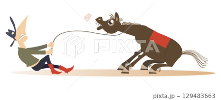 Rodeo. Farmer or cowboy. Angry horse. Farmer or cowboy trying to hold an angry horse. Isolated on white background Rodeo. Farmer or cowboy. Angry horse. Farmer or cowboy trying to hold an angry horse. Isolated on white background 129483663