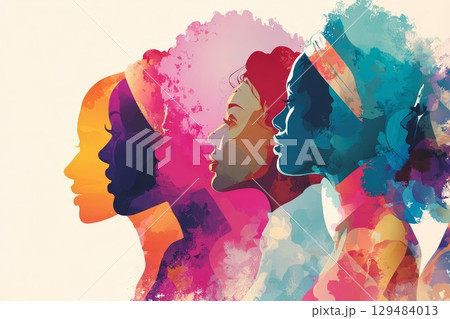 Colorful female profiles in abstract art form on white background. Diverse women faces highlight creativity and contemporary style, great for artistic use. 129484013