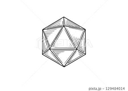 D20 dice sketch for DND game. Black and white drawing of icosahedron for tabletop roleplay. Fantasy RPG adventure D20 dice sketch for DND game. Black and white drawing of icosahedron for tabletop roleplay. Fantasy RPG adventure 129484014