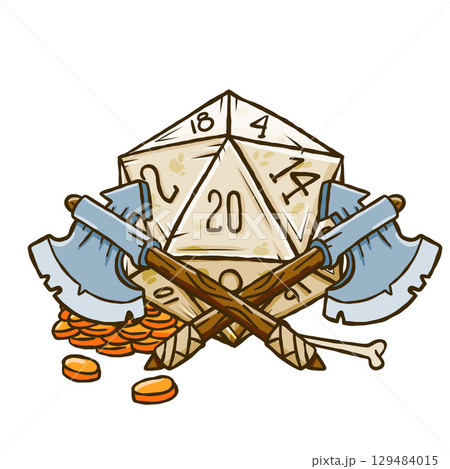 D20 die and war axe. Cartoon fantasy items for DND gaming. Adventure weapon, board game sticker 129484015