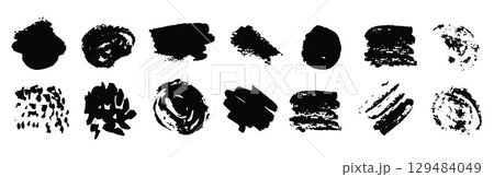 Set of abstract textured black ink round and square squiggle paint brush strokes. Dynamic isolated inky scribble blobs, smear brushstroke concept for textured brushes design, stamp, banner 129484049