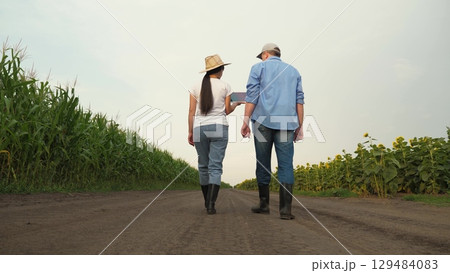 Agriculture, teamwork, business partner farmer agriculture, handshake sign of deal, harvest, fresh soil grow crops, field corn, field sunflowers, people farmers working digital tablet sunset, nature Agriculture, teamwork, business partner farmer agriculture, handshake sign of deal, harvest, fresh soil grow crops, field corn, field sunflowers, people farmers working digital tablet sunset, nature 129484083