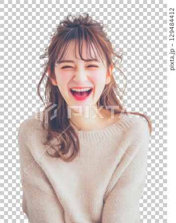 [Transparent background] Smiling woman portrait wearing a sweater 129484412