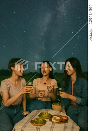星空の下、女性が友達3人と夜のピクニックを楽しんでいる場面の画像を生成しました 129484564