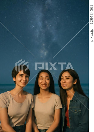 星空を見上げながら女性が友達3人と語り合う場面の画像を生成しました 129484565