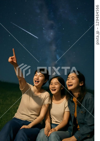 星空の下、女性が友達3人と肩を並べて静かに星を見つめる場面の画像を生成しました 129484566