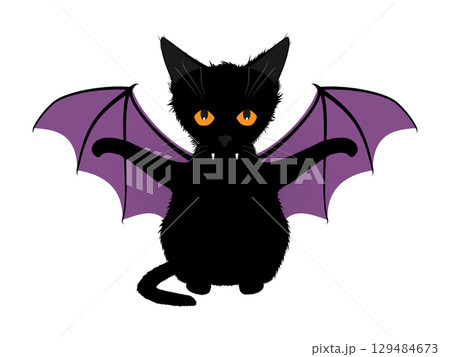 A fierce cat with protruding fangs spreads its paws and bat-like wings wide, blending feline grace with gothic fantasy in a dramatic, mythical pose. 129484673
