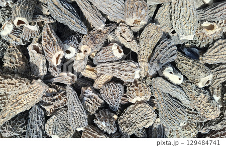 Close-up view of dried morel mushrooms reveals their unique, textured surfaces. These mushrooms are often sought after for culinary use due to their distinctive flavor. Close-up view of dried morel mushrooms reveals their unique, textured surfaces. These mushrooms are often sought after for culinary use due to their distinctive flavor. 129484741