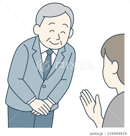 お辞儀するシニア男性（腰より上／スーツ姿・カラー） 129484819