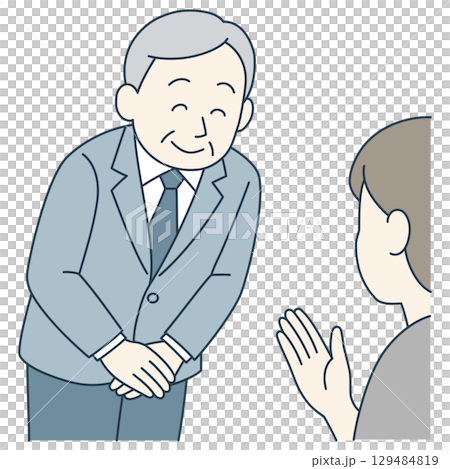 お辞儀するシニア男性（腰より上／スーツ姿・カラー） 129484819