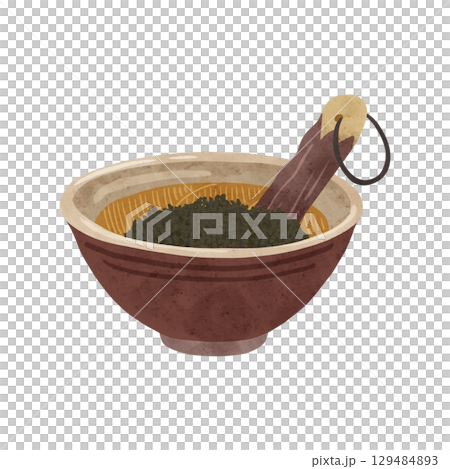 研缽和研杵，配碎黑芝麻。水彩手繪插圖 129484893