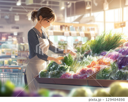 スーパーで野菜を陳列する女性店員・エプロン・接客 129484898