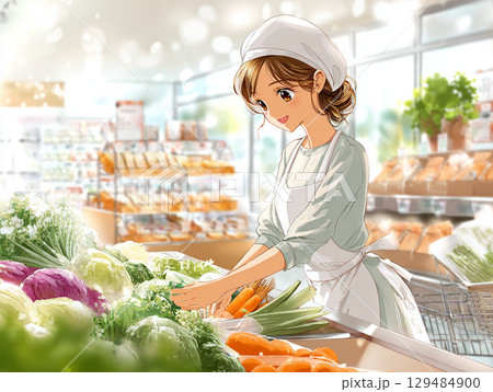 ベレー帽の女性店員・スーパー野菜売り場・笑顔・接客 129484900