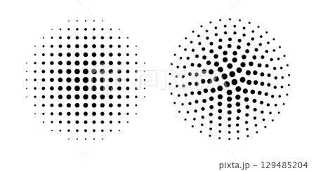 Set of dotted circles with halftone effect. Round shapes with polka dot print isolated on white background. Pop art design. Perforated textures. Vector graphic illustration 129485204