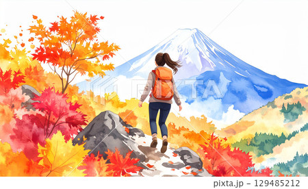紅葉した秋の山で登山をする日本人女性　水彩画風 129485212
