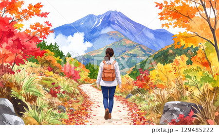 紅葉した秋の山で登山をする日本人女性　水彩画風 129485222