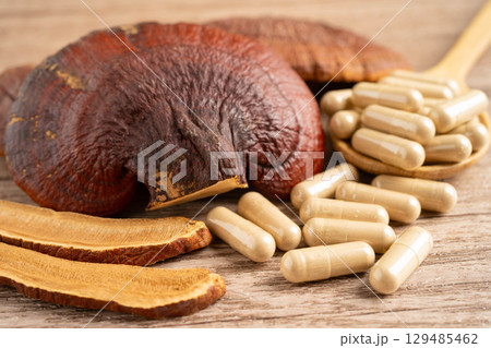 Lingzhi or Reishi mushroom with capsules, organic natural healthy food. 129485462