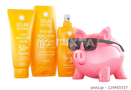 Sunscreen products with piggy bank in sunglasses. 3D rendering 129485537