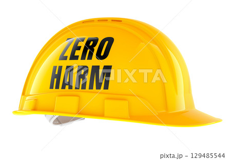 Zero Harm, yellow construction helmet with inscription. 3D rendering 129485544