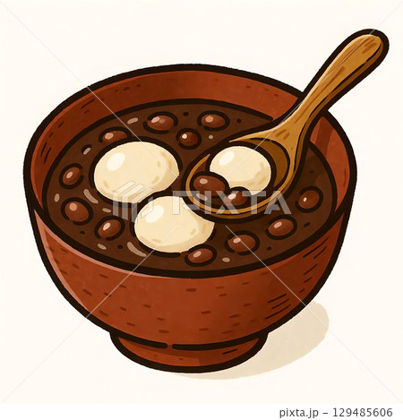 ほっと温まるぜんざいの可愛らしい手描きイラスト 129485606