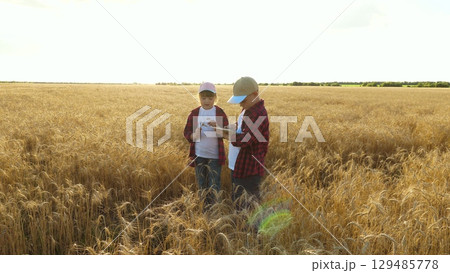 boy girl standing wheat field, examining wheat closely, boy holding digital tablet, girl holding handful wheat, children dressed casual farm-style clothing, modern technology being used agriculture. boy girl standing wheat field, examining wheat closely, boy holding digital tablet, girl holding handful wheat, children dressed casual farm-style clothing, modern technology being used agriculture. 129485778