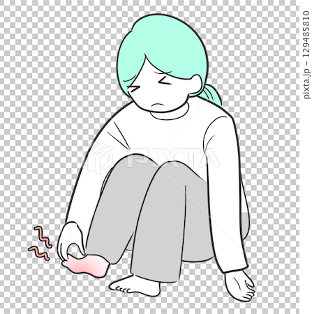 足がつって痛みを感じる女性のイラスト｜足がつる,女性,痛み,座る 129485810