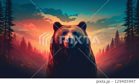 Bear Silhouette and Forest Sunrise in Double Exposure. Generative ai 129485947
