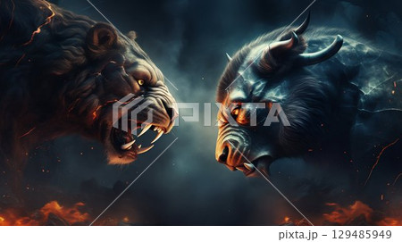 Bear and Bull Face-Off in Urban Financial Market Metaphor. Generative ai 129485949